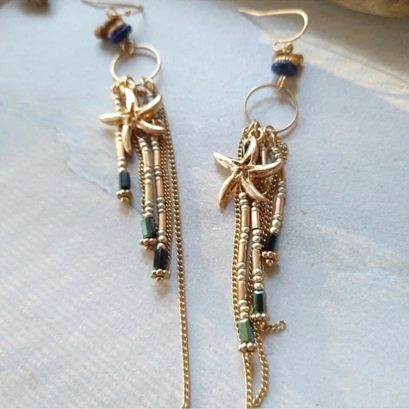 Gold Starfish Earrings Hematite Lapis Jasper - Picture 11 of 12